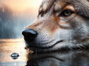 Ethereal Serenity: A Close-Up of a Contemplative Wolf Amidst Water Droplets