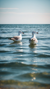 Two Seagulls Resting on Calm Shoreline Waters Under Overcast Skies