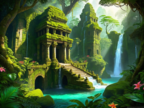 Enchanted Ruins: A Lost Paradise of Ancient Wonders and Cascading Waterfalls