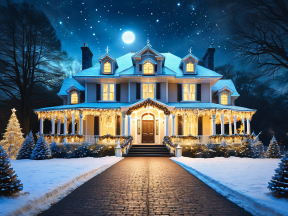 Festive Holiday Night: A Beautifully Decorated Multi-Level Home Illuminated Under a Full Moon