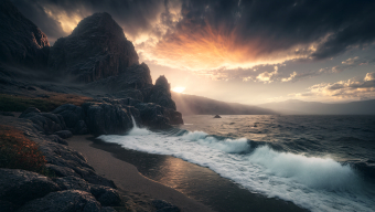 Sunrise Over a Rugged Coastal Cliffs with Cascading Waterfall and Crashing Waves