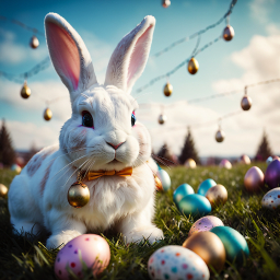 Curious Cartoon Rabbit with Yellow Bow Tie Amid Easter Eggs and Festive Outdoor Decor