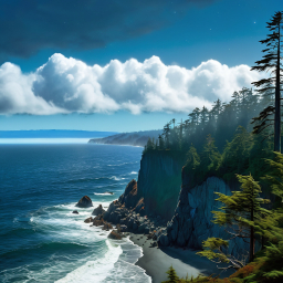 Serene Coastal Forest at Dawn: Gentle Waves and Rocky Shoreline