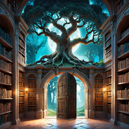 Gateway to Enchanted Knowledge: A Magical Library Portal to the Moonlit Forest