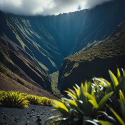 Majestic Volcanic Landscape: Rugged Cliffs and Lush Valleys of a Volcanic Island