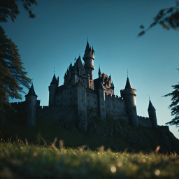 Majestic Medieval Castle at Dusk Amidst Lush Greenery: A Timeless Fairy Tale Scene