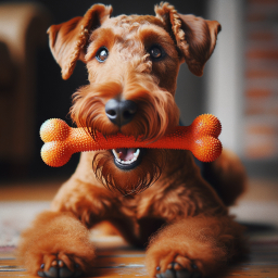 Happy English Bulldog Holding Toy Bone Indoors with a Big Smile