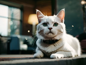 Attentive Long-Haired Cat Perched on Indoor Countertop with Blurred Background