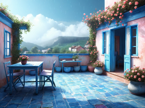 Charming Mediterranean Patio with Blue Accents and Mountain Views