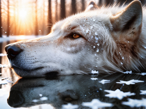 Tranquil Winter Reverie: A Wolf Resting Amidst Snowfall at Dawn