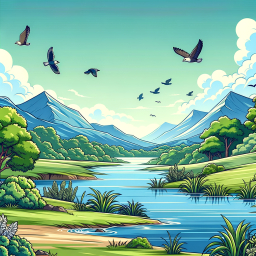 Serene Morning Landscape: Rolling Hills, Majestic Mountains, and Soaring Birds