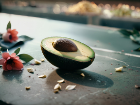 Half Avocado with Pit on Stone Surface Surrounded by Pink Petals in Natural Daylight
