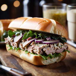 Hearty Roast Beef Sub with Pickles and Arugula on a Rustic Wooden Board