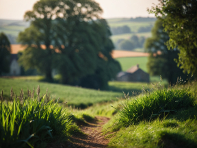 Tranquil Countryside Path at Dawn Amidst Lush Farmland