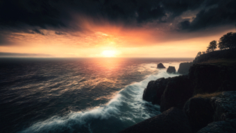 Sunset Serenity: Waves Crashing Against a Vibrant Coastal Horizon
