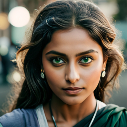 Contemplative Elegance: Portrait of a Traditionally Attired Woman with Green Eyes in Evening Light