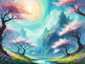 Enchanted Castle Amidst Cherry Blossoms and Floating Isles: A Vibrant Fantasy Landscape