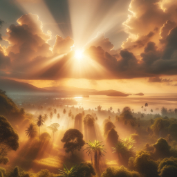 Golden Sunrise Over a Serene Tropical Jungle and Ocean Horizon