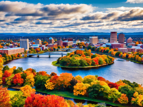 Autumn Serenity: Vibrant Fall Foliage Along a Riverside Cityscape