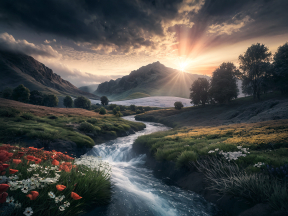 Tranquil River Valley: A Serene Landscape of Flowing Waters and Majestic Mountains