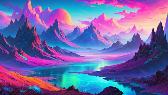 Enchanted Twilight: A Surreal Fantasy Landscape of Purple Peaks and Reflective Waters