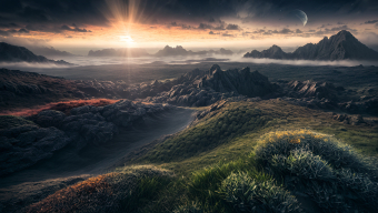 Enchanted Horizons: A Mystical Alien Landscape at Sunrise