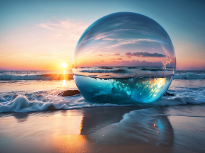 Reflections of Serenity: A Perfect Sphere at Ocean's Edge at Sunset