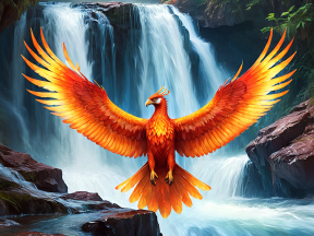 Fiery Phoenix Perched by a Cascading Waterfall: A Majestic Symbol of Power and Freedom