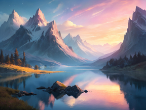 Serene Sunrise Over Snow-Capped Mountains and Reflective Lake