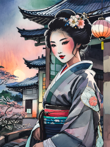 Serene Elegance: A Traditional Japanese Woman Amidst Cherry Blossoms and Lanterns