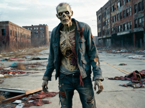 Undead in the Ruins: A Haunting Zombie Amidst Urban Decay