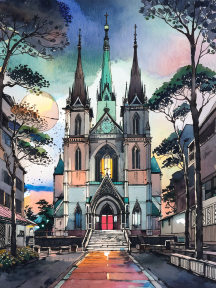 Charming Gothic Church Illustration with Intricate Stonework and Serene Surroundings