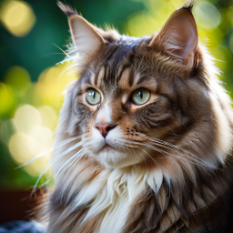 Serene Long-Haired Cat Enjoying a Sunlit Garden Moment