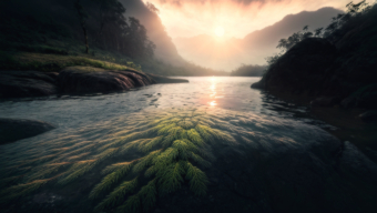 Tranquil River Flow Through Lush Forested Landscape at Sunrise