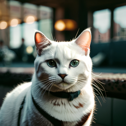 Green-Eyed Cat Relaxing Indoors with Harness in Cozy Cafe Setting