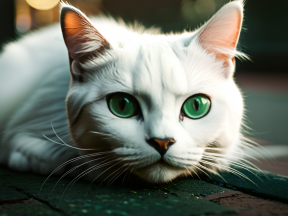 Close-Up Portrait of a White Cat with Striking Green Eyes in Soft Indoor Lighting