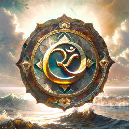 Mystical OM Symbol Emblem Floating Above Turbulent Ocean Waves