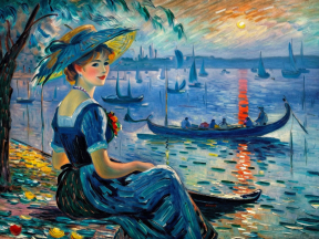 Serene Reflections: A Young Woman by the River at Sunrise