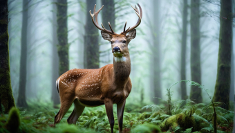 Majestic Deer Amidst Misty Forest Serenity