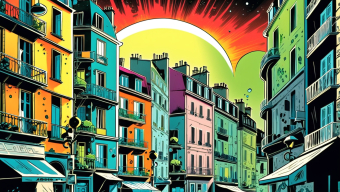 Explosive Twilight Over Paris: A Dramatic Comic Book Street Scene