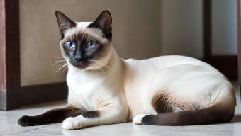 Elegant Siamese Cat Sitting Indoors with Classic Blue Eyes and Sleek Coat