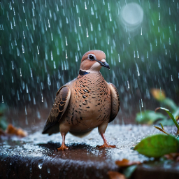 Resilient Bird Perched Calmly on a Rain-Soaked Metal Ledge at Dusk