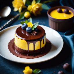 Decadent Chocolate Tart with Custard Filling, Fresh Blueberries, and Mint Garnish