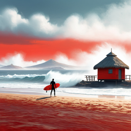 Surreal Sunset Surf: Vibrant Beachscape with Crimson Waves and Towering Mountains