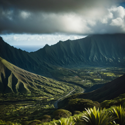 Breathtaking Tropical Mountain Landscape: Lush Valleys and Volcanic Cliffs in a Serene Island Paradise