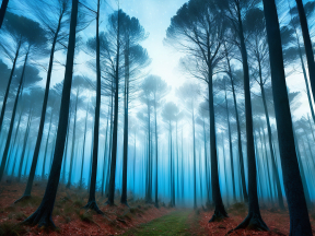 Enchanted Twilight: A Mystical Blue Forest Amidst Autumn Leaves