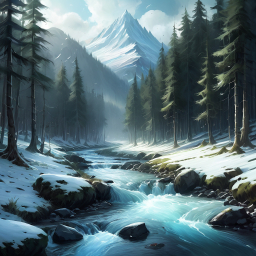 Tranquil Winter Mountain Stream Amidst Misty Evergreens and Snow-Capped Peaks