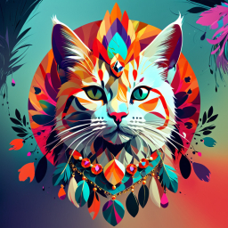 Psychedelic Cat: A Vibrant Digital Portrait with Mystical Patterns and Gemstone Accents