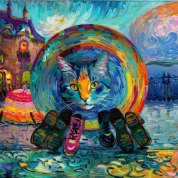 Surreal Whimsy: A Cat with a Wheel Head and Floating Shoes in a Dreamlike Urban Scene