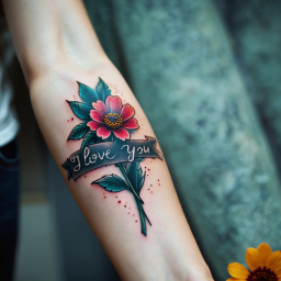 Delicate Peony-Inspired Floral Tattoo with Handwritten "I Love You" Script and Textured Detailing